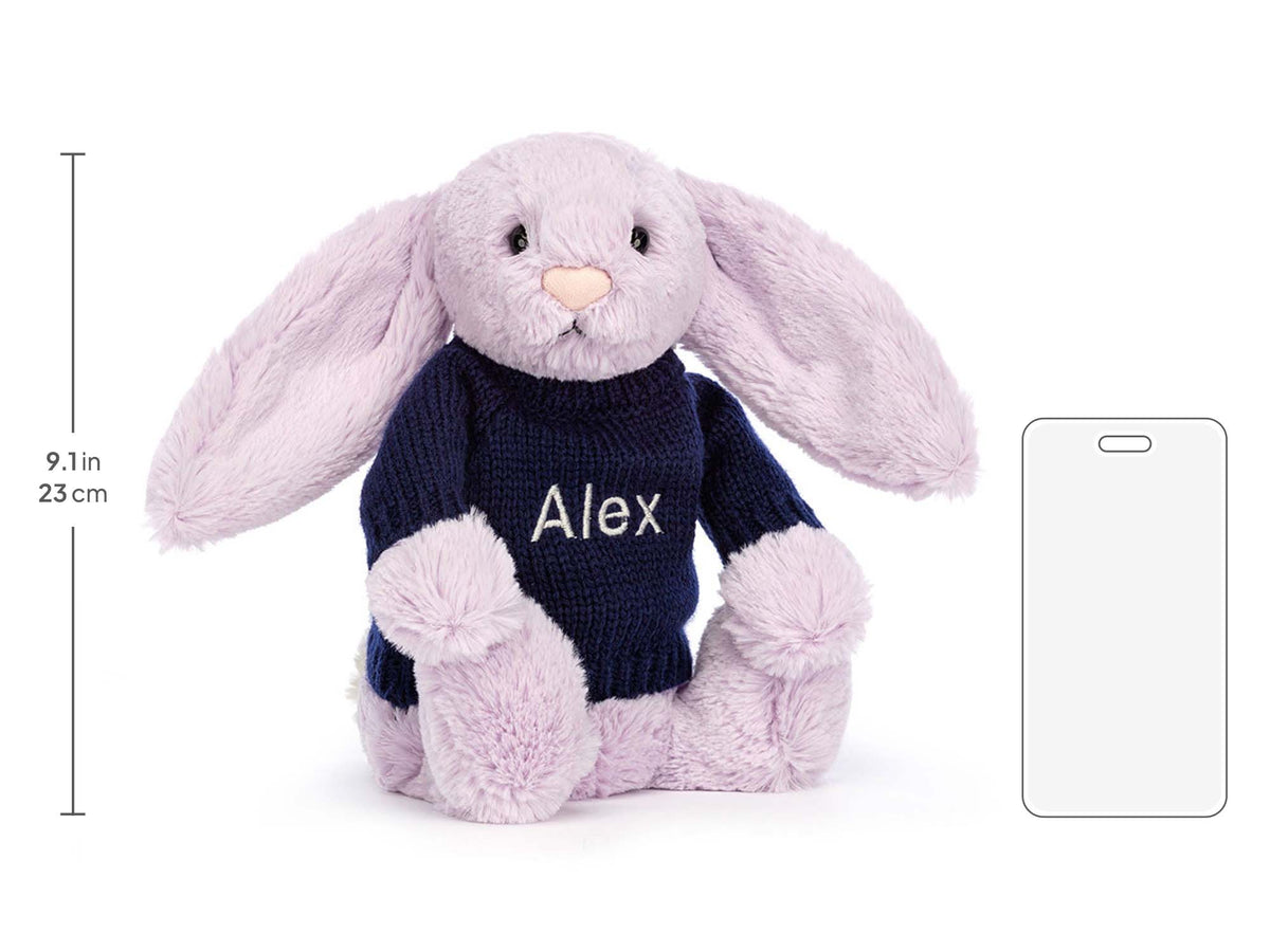 Bashful Lilac Bunny with Personalized Navy Jumper