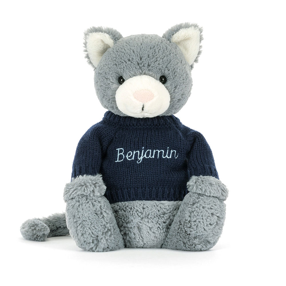Bashful Kitten with Personalized Navy Jumper