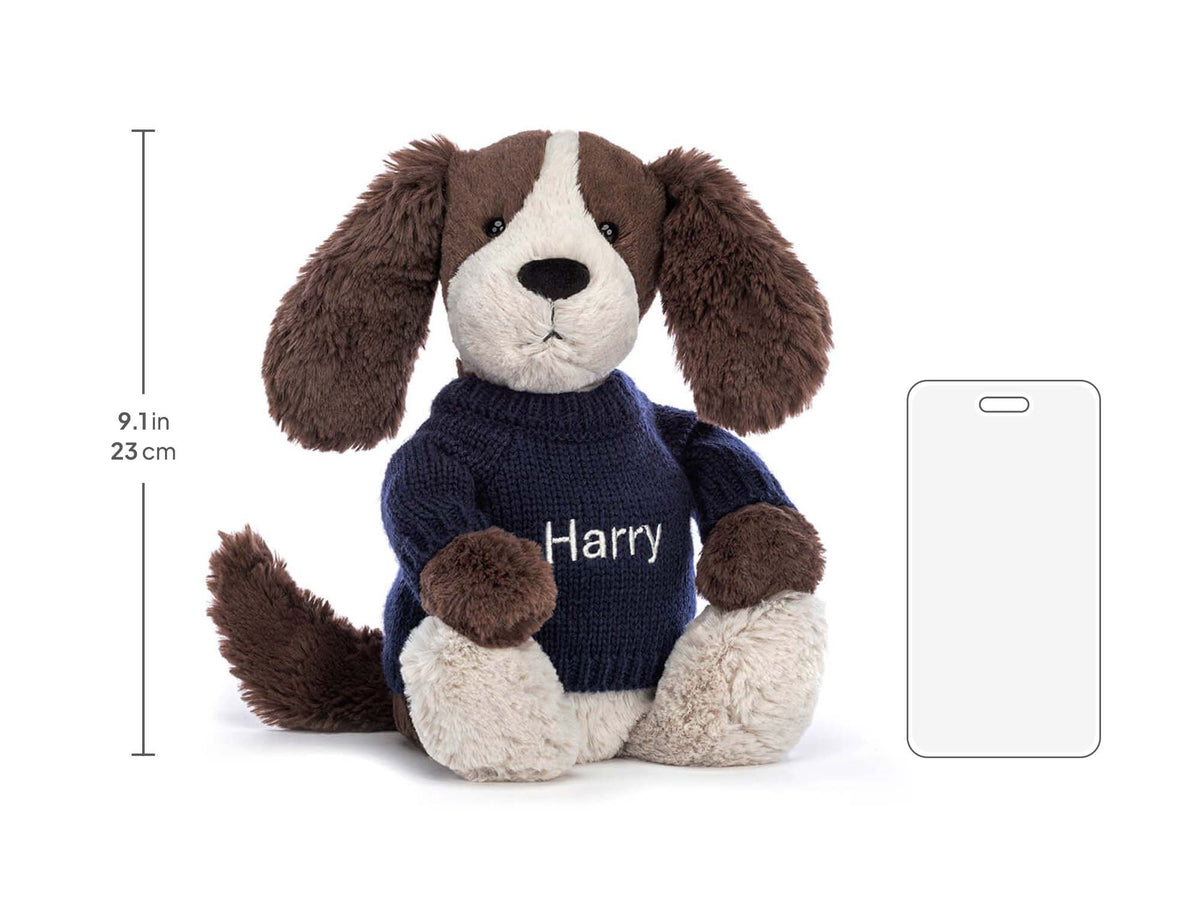 Bashful Fudge Puppy with Personalized Navy Jumper