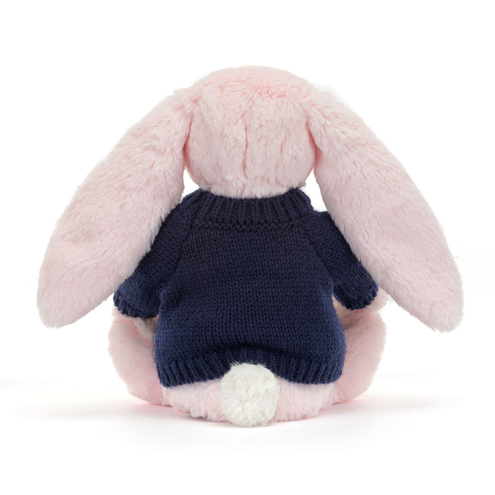 Bashful Pink Bunny with Personalized Navy Jumper