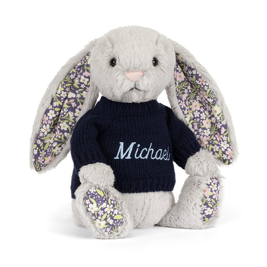 Blossom Silver Bunny 'Bloom' with Personalized Navy Jumper